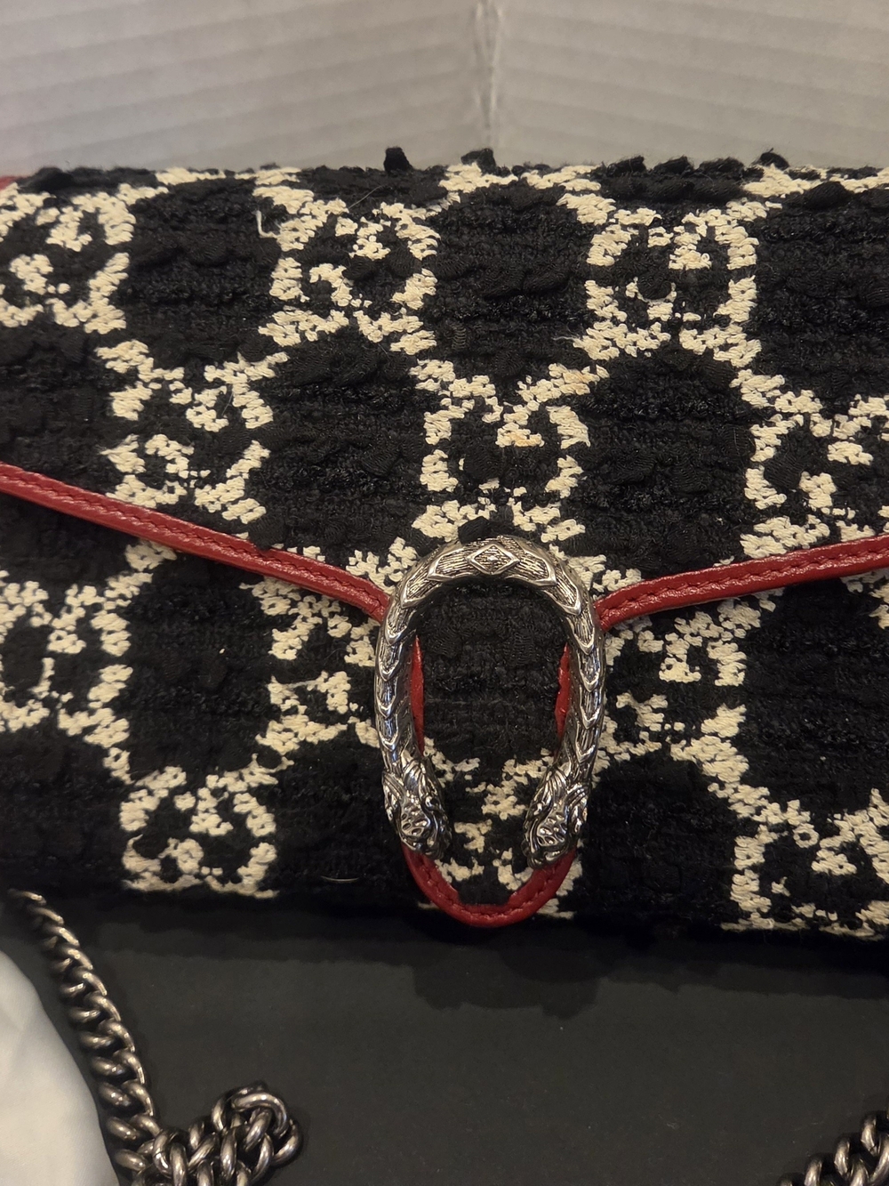 Gucci Tweed GG Monogram Mini Dionysus Chain Wallet in black, white, and Red